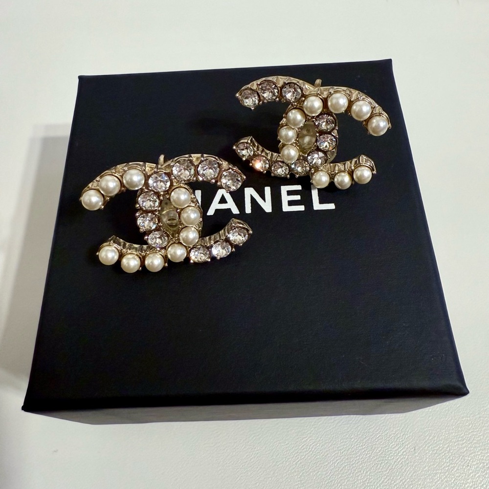 Chanel Large Statement Crystal and Pearl CC Clip On Gold Earrings